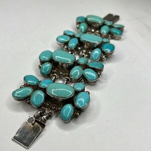 Huge Heavy Real Turquoise Polishes Stone in Full Silver 925 Clasp Bracelet